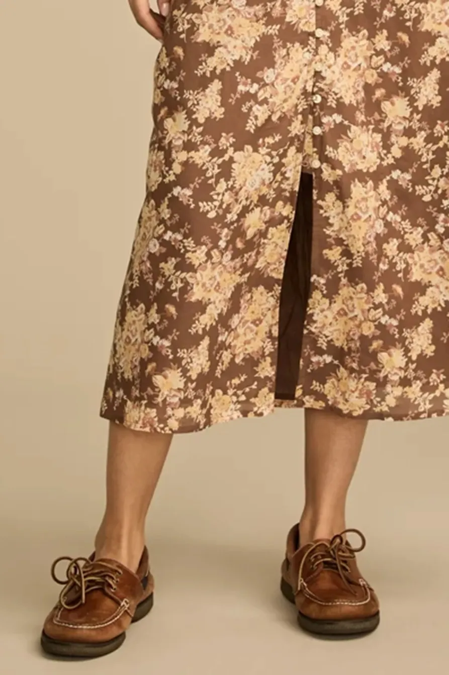 Brown Floral Lace Trimmed Slip Dress