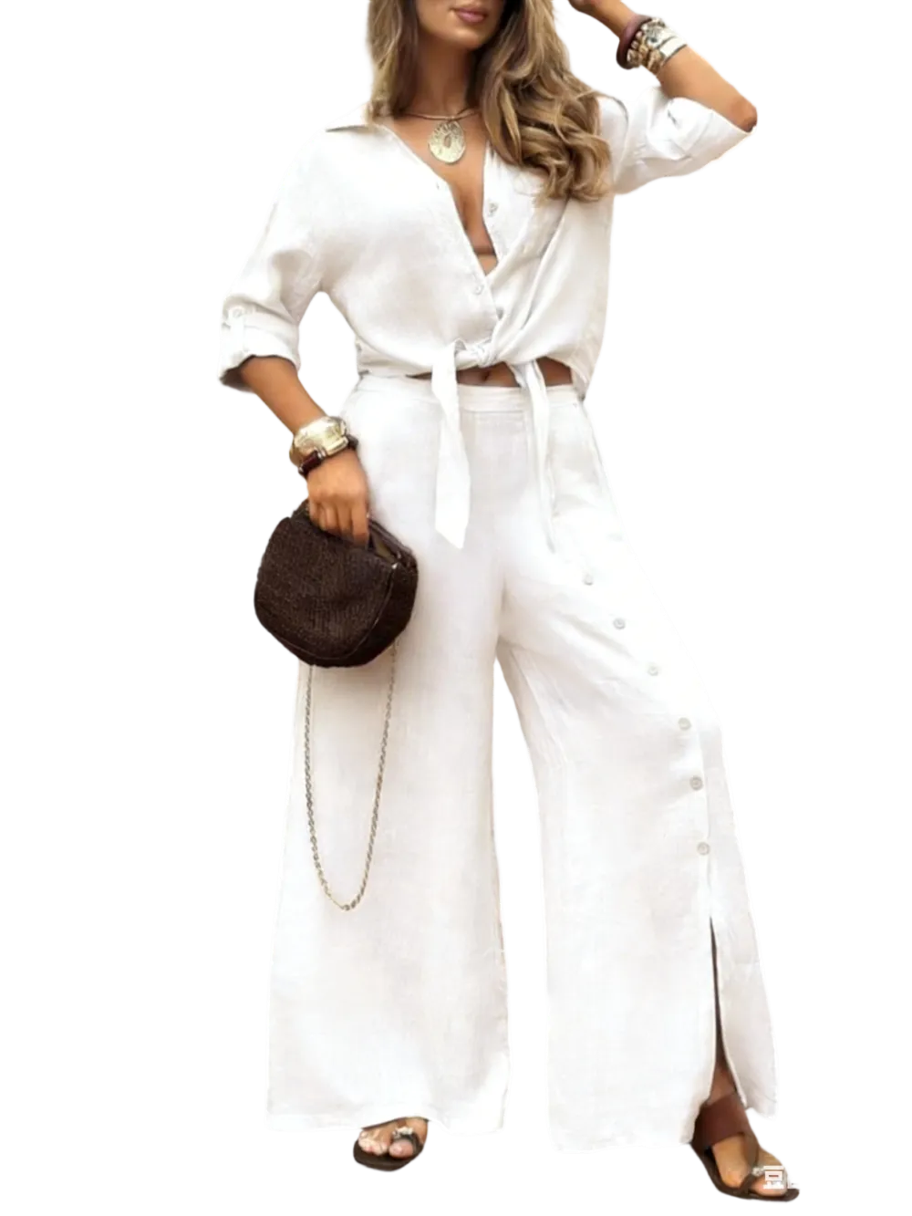 🔥 Women's Loose-Fit Long Sleeve Shirt & Wide Leg Pants Set