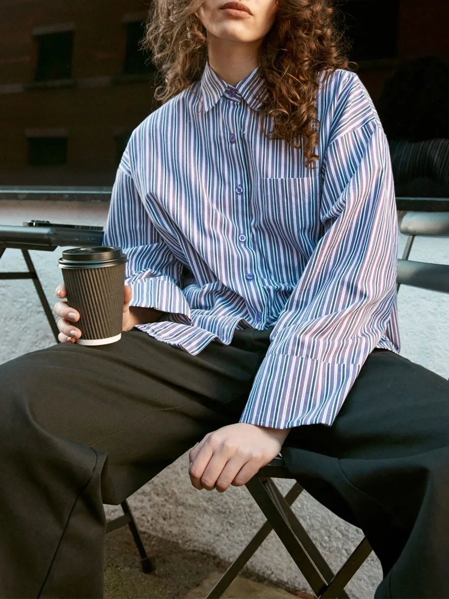 Women'S Casual Color-Block Stripe Long-Sleeve Shirt