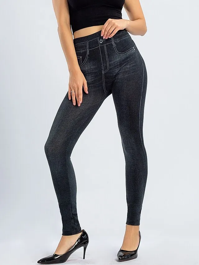 Women's Leggings Faux Denim Ankle-Length Stretchy High Waist Fashion Casual Weekend Black Blue S M