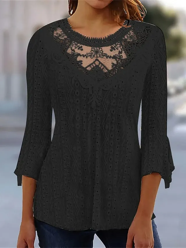Women's Shirt Blouse Black White Pink Plain Lace 3/4 Length Sleeve Casual Vintage Fashion Basic Round Neck Regular Fit