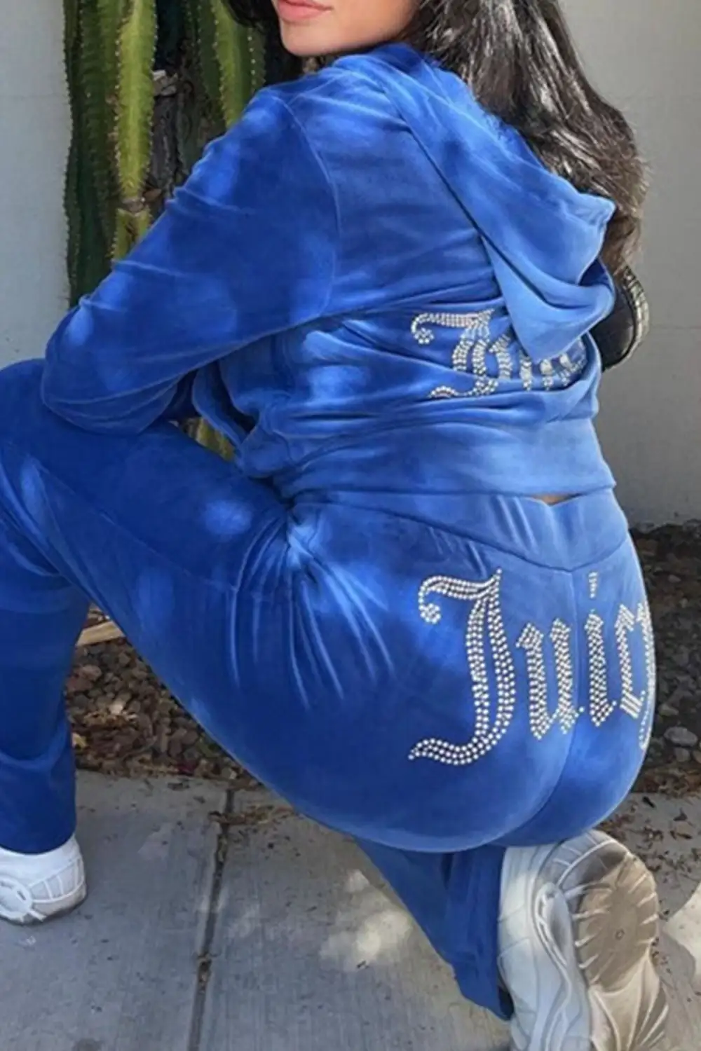 Velvet Hot Drilling Letter Graphic Hoodie Long Pants Set