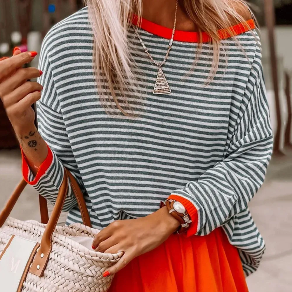 Casual Contrast Striped Off Shoulder Long Sleeved Sweater
