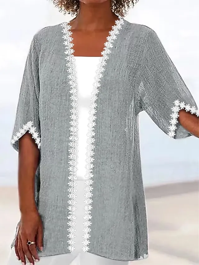 Women's Jacket Kimono Casual Jacket Lace Solid Color Comfortable Boho Loose Fit Outerwear 3/4 Length Sleeve Summer Light Blue Gary S M L