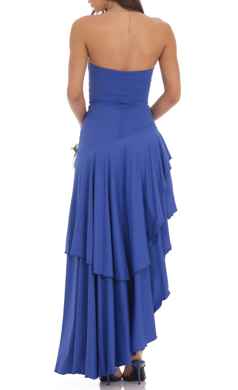 Strapless Ruffle Asymmetrical Maxi Dress in Royal Blue