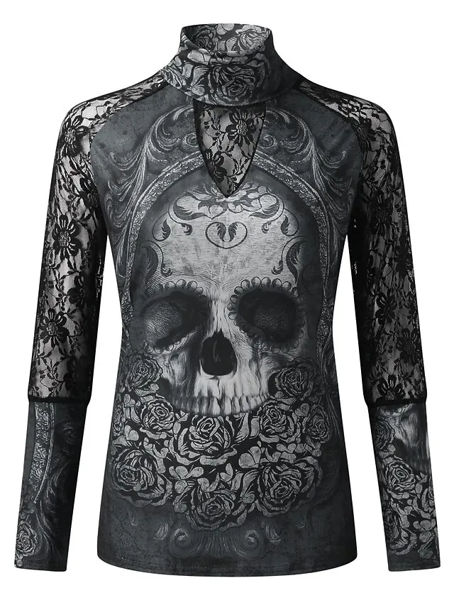 Women's T shirt Tee Black Skull Lace Print Long Sleeve Halloween Weekend Basic High Neck Regular Painting S