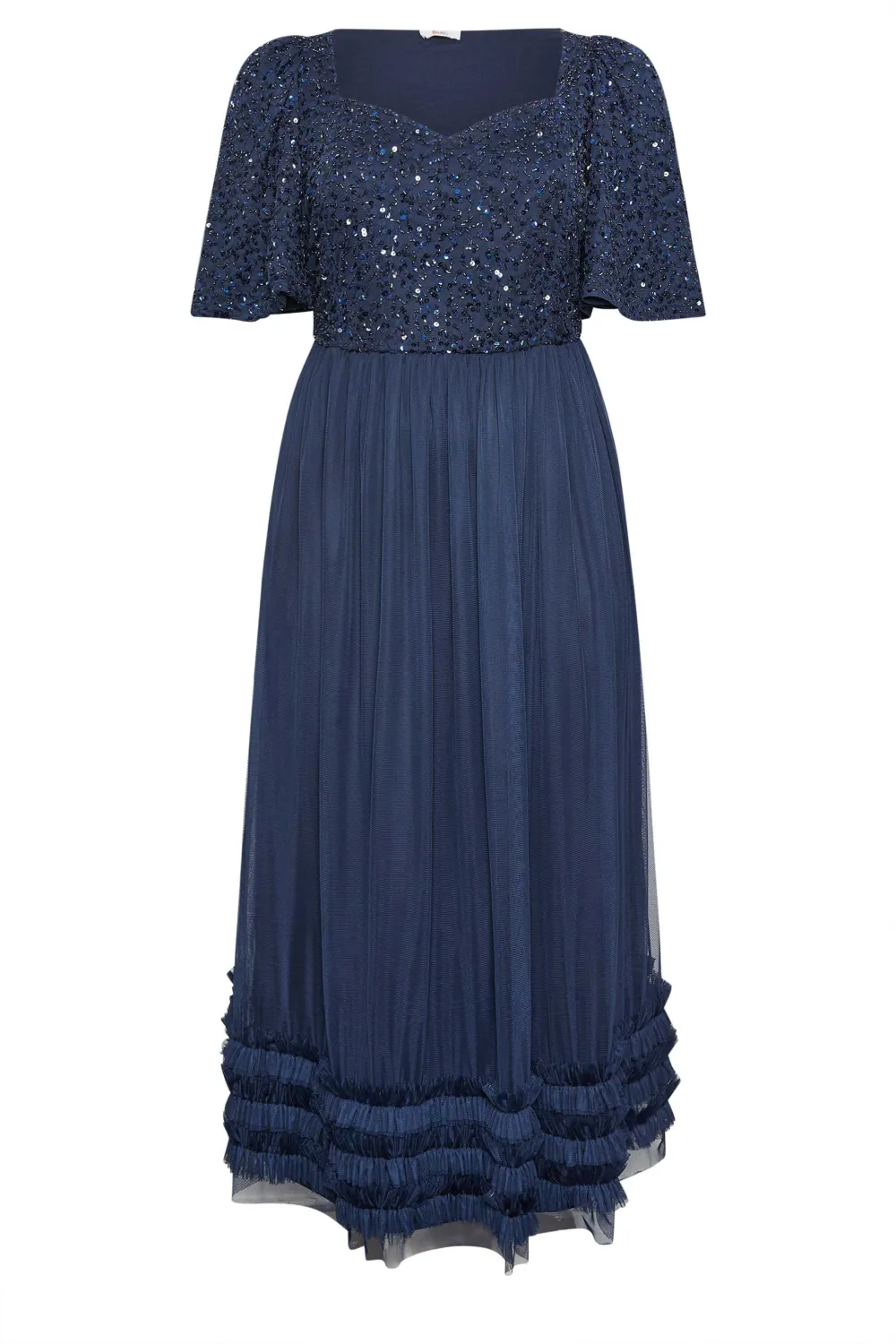 LUXE Curve Black Sequin Sweetheart Ruffle Maxi Dress