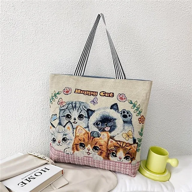 Women's Tote Shoulder Bag Canvas Tote Bag Oxford Cloth Shopping Daily Zipper Print Large Capacity Lightweight Durable Cat Flower Folk Butterfly Unicorn Black cat
