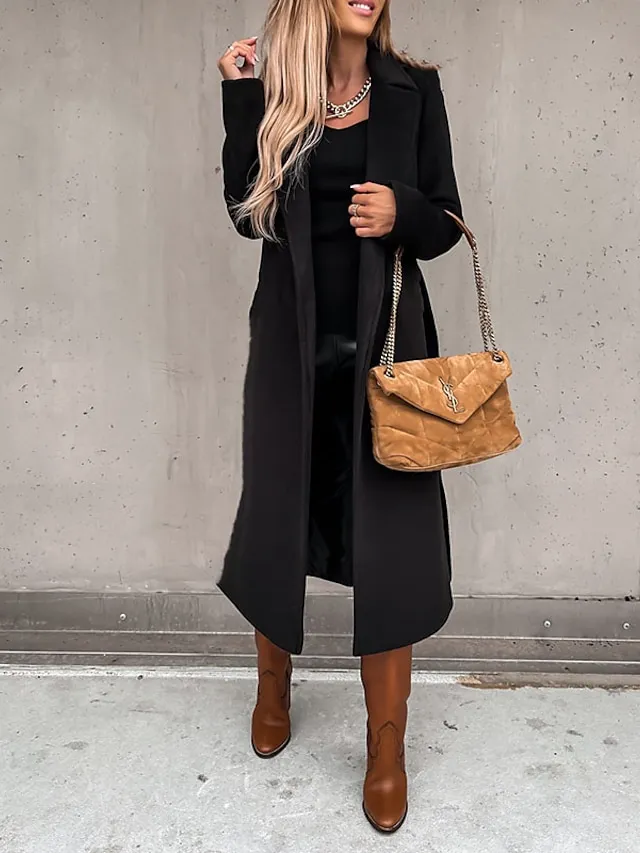 Women's Winter Coat Coat Daily Going out Fall Winter Long Coat Regular Fit Thermal Warm Casual Jacket Long Sleeve Solid Color Lace up Black White Khaki