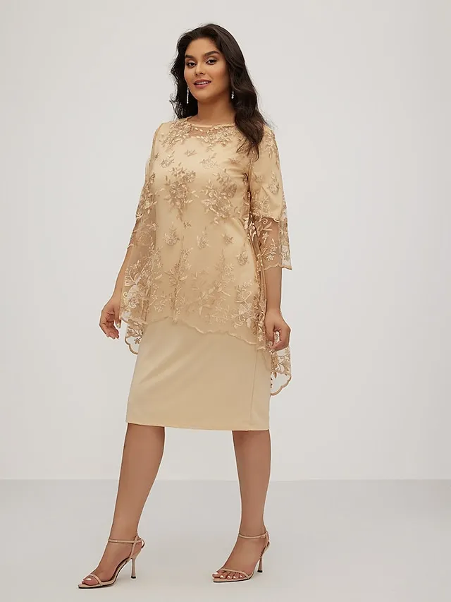 Women‘s Plus Size Party Dress Lace Dress Semi Formal Dress Midi Dress Navy Blue Blue Gold 3/4 Length Sleeve Floral Lace Summer Spring Fall Crew Neck Elegant Party Wedding Guest Dress