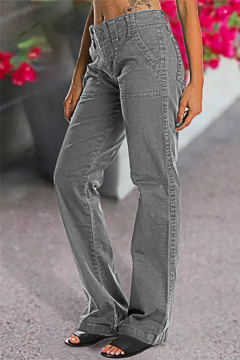 Double Button Mid Waist Straight Leg Pants