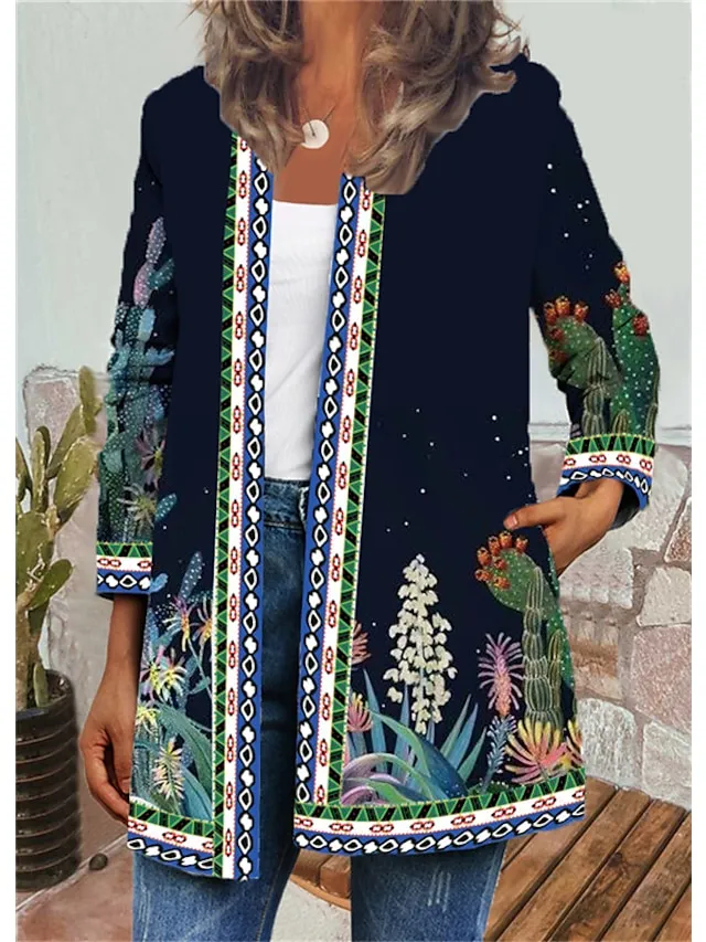 Women's Jacket Casual Floral Print Fall Regular Coat Round Neck Regular Fit Breathable Casual St. Patrick's Day Jacket Long Sleeve Floral Print Green Blue Daily Holiday