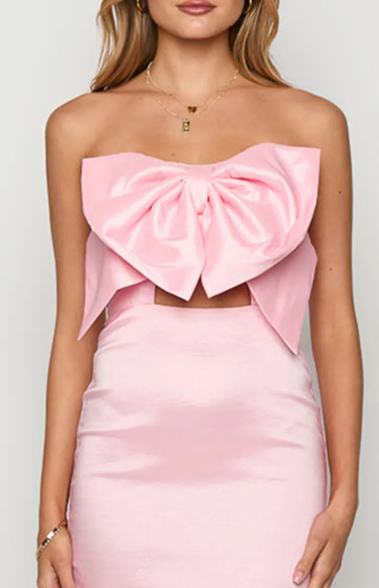 Pink Bow Front Satin Maxi Dress