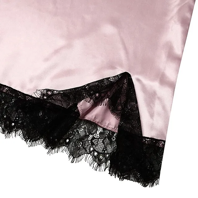 Women's Lace Satin Silk Pajamas Sets 4 Pcs Home Party Daily St.Patrick's Day Elastic Waist Pure Color Satin Simple Casual Soft Strap Top Shorts Fall Winter Spring Strap Short Sleeves Long Sleeve