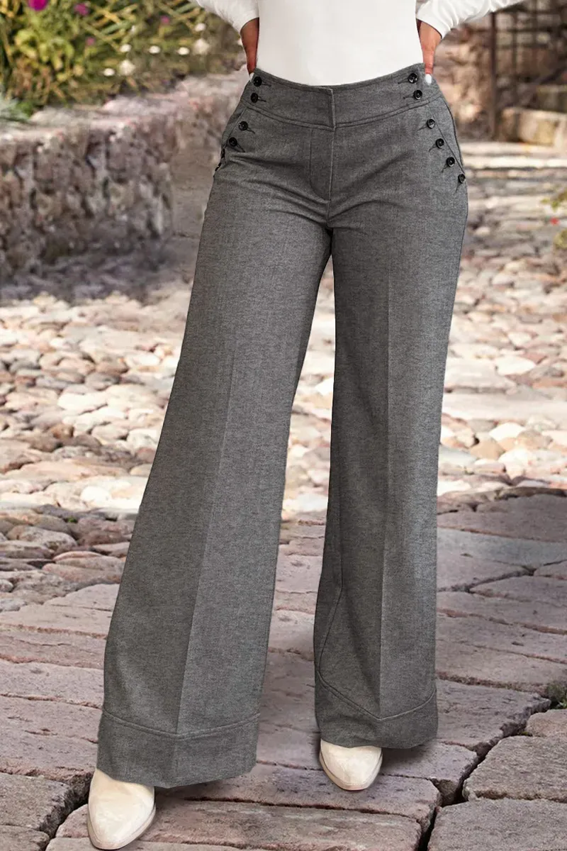 Solid Button Decor Mid Waist Wide Leg Pants