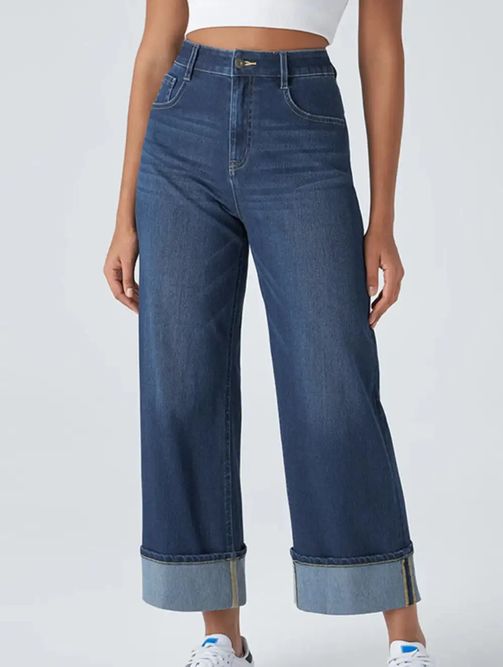 Casual Rolled-Up Wide-Leg Jeans