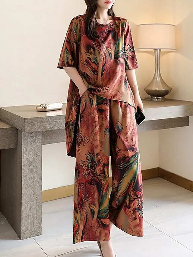 Women's Loungewear Sets Flower Fashion Casual Comfort Street Daily Date Polyester Breathable Crew Neck Short Sleeve T shirt Tee Pant Pocket Summer Spring Light Green Red