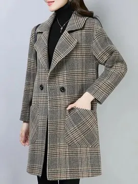 Lapel Collar Long Sleeve Plaid Buckle Regular Loose Coat For Women