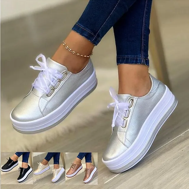 Women's Sneakers White Shoes Plus Size Platform Sneakers Daily Summer Spring Fall Platform Flat Heel Round Toe Sporty Casual Walking Shoes PU Lace-up Solid Color Silver Dark Red Black
