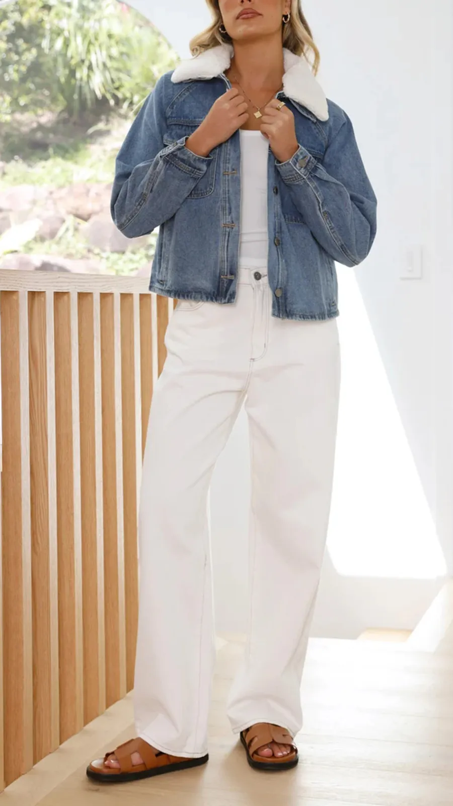 Distressed Cotton Denim Jacket With Lapel