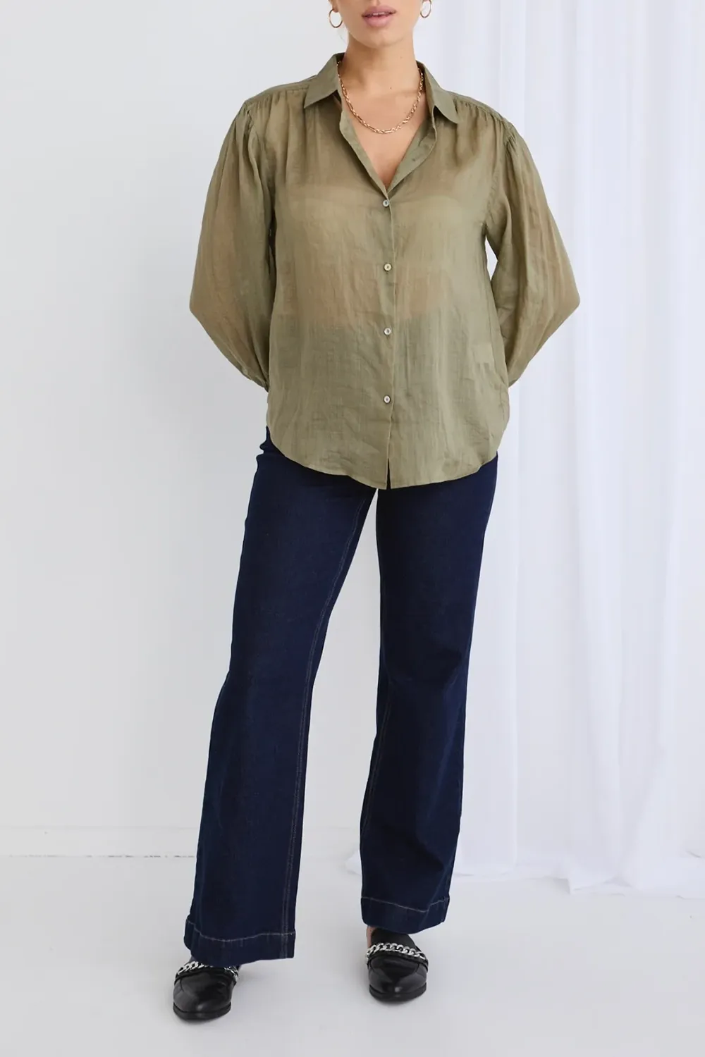 Olive Green Sheer Long - Sleeve Shirt