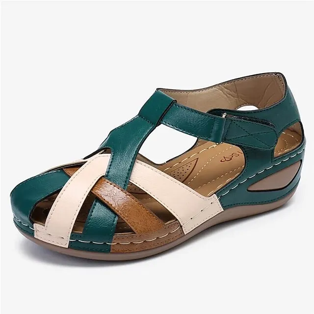 Women's Sandals Wedge Sandals Comfort Shoes Plus Size Outdoor Office Daily Summer Buckle Wedge Heel Round Toe Closed Toe Classic Casual Walking Shoes PU Leather Faux Leather Magic Tape Color Block