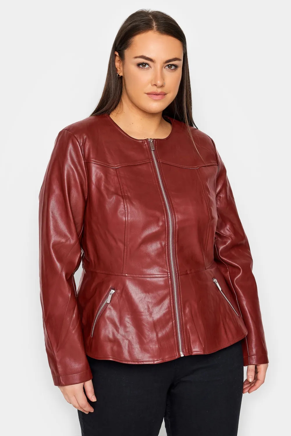 Evans Burgundy Red Faux Leather Fitted Jacket