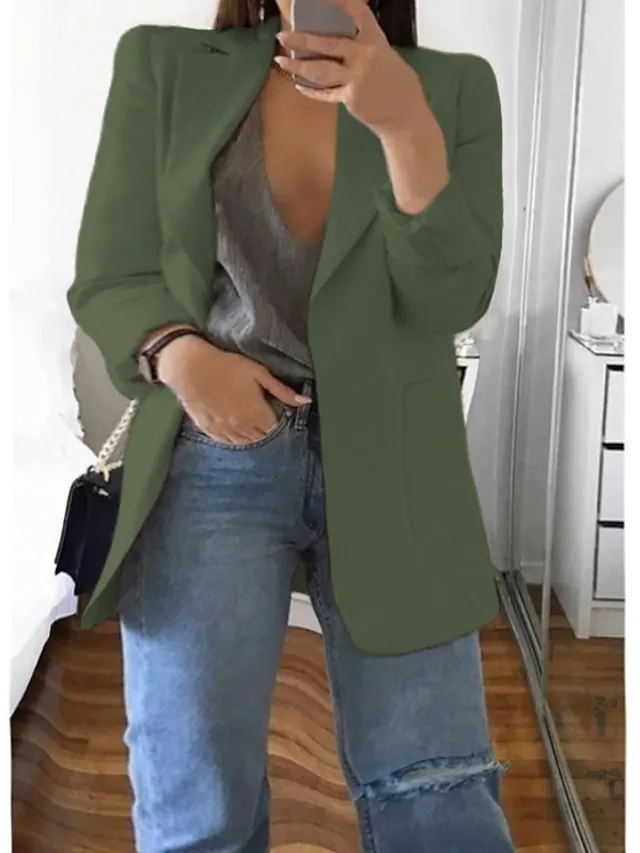 Women's Plus Size Curve Blazer Spring Work to Wear Office Jacket with Pocket Long Sleeve Peaked Lapel Fall Winter