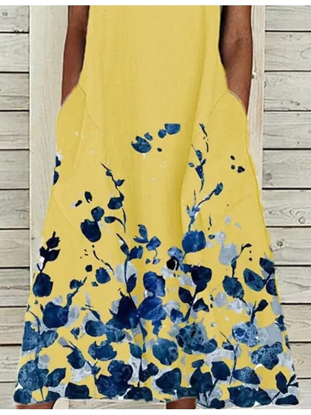 Women‘s Shift Dress Midi Dress Yellow Blushing Pink White Sleeveless Floral Print Summer Round Neck Hot Elegant Casual Loose 2023 S M L XL XXL 3XL 4XL