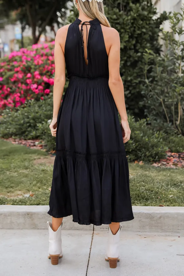 Lovely Intuition Black Satin Midi Dress