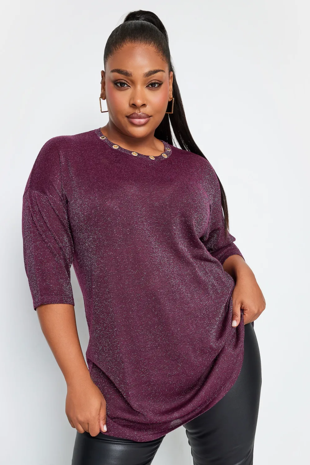 YOURS Curve Grey Metallic Eyelet Jumper