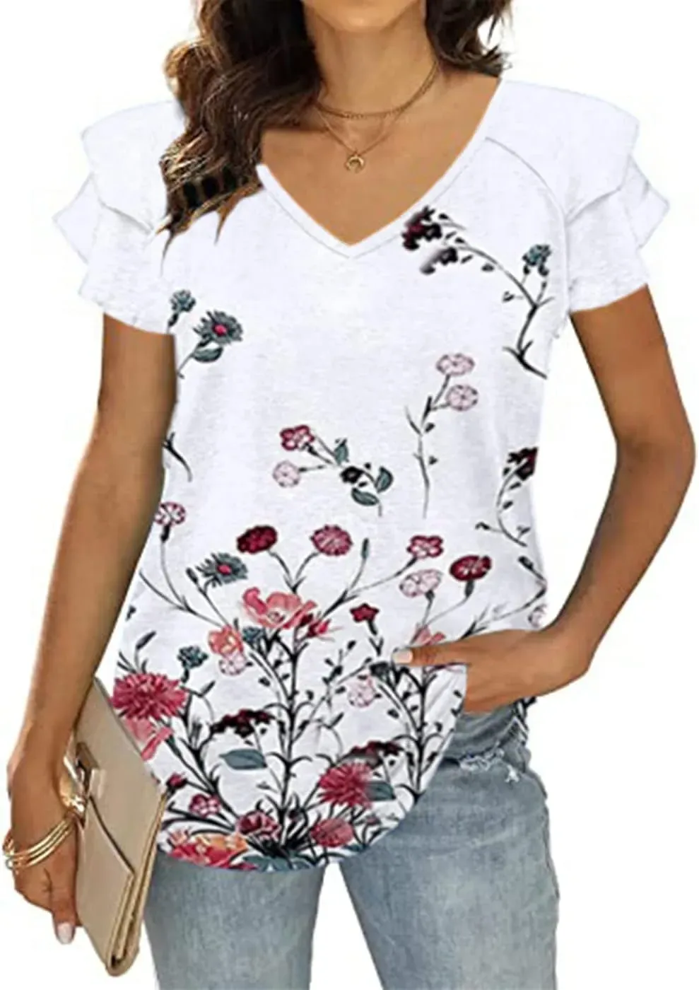 T&Twenties Womens Summer Tops Ruffle Short Sleeve Tunic Tops V Neck Loose Fit Flowy T-Shirts