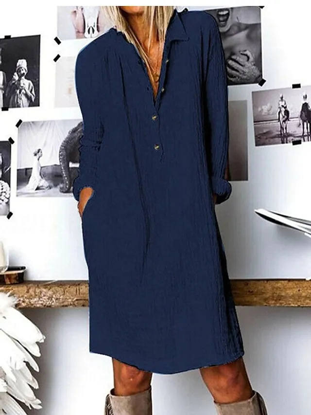 Women‘s Casual Dress Shirt Dress Shift Dress Midi Dress Yellow Navy Blue White Long Sleeve Pure Color Button Winter Fall Spring Shirt Collar Basic Winter Dress Daily Vacation 2023 S M L XL XXL 3XL