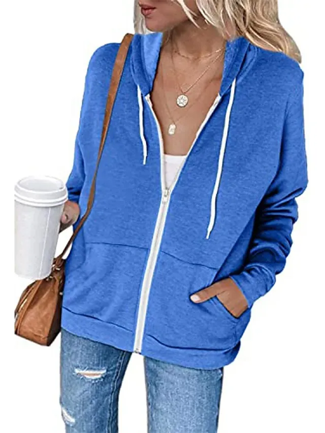 Women's Hoodied Jacket Casual Jacket Fall Spring Outdoor Zipper Plain Breathable Streetwear Regular Fit Outerwear Long Sleeve Summer Black S