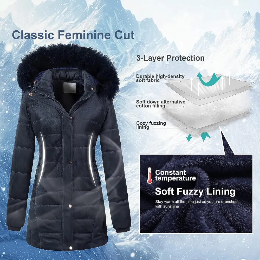 Women's Warm Winter Coat Velvet Puffer Jacket Quilted Faux Fur Hood