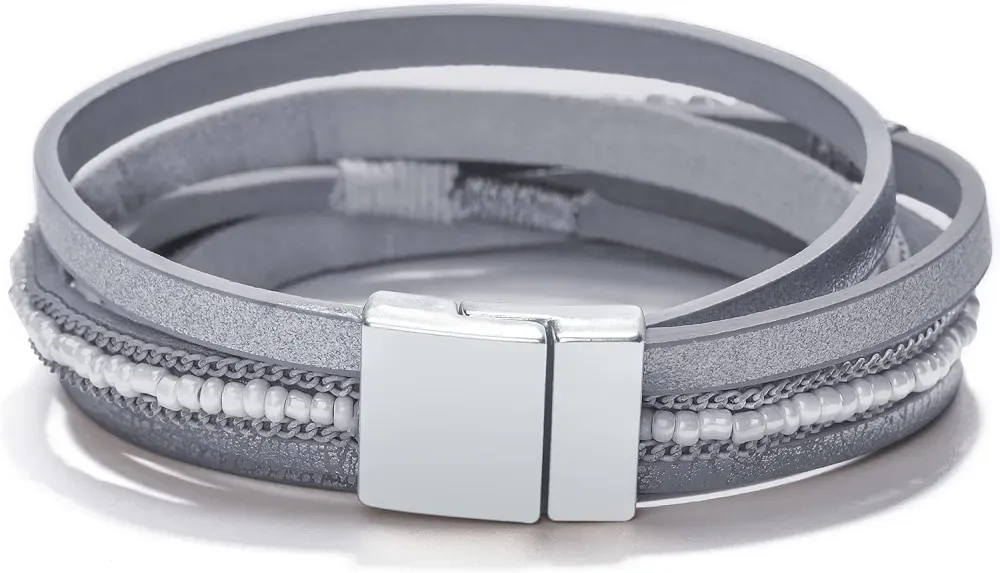 Fesciory Leather Wrap Bracelets for Women, Boho Leopard Multi-Layer Crystal Beads Cuff Bracelet Jewelry