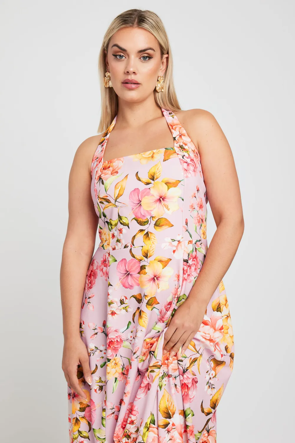 YOURS Curve Pink Floral Print Halter Neck Midaxi Dress