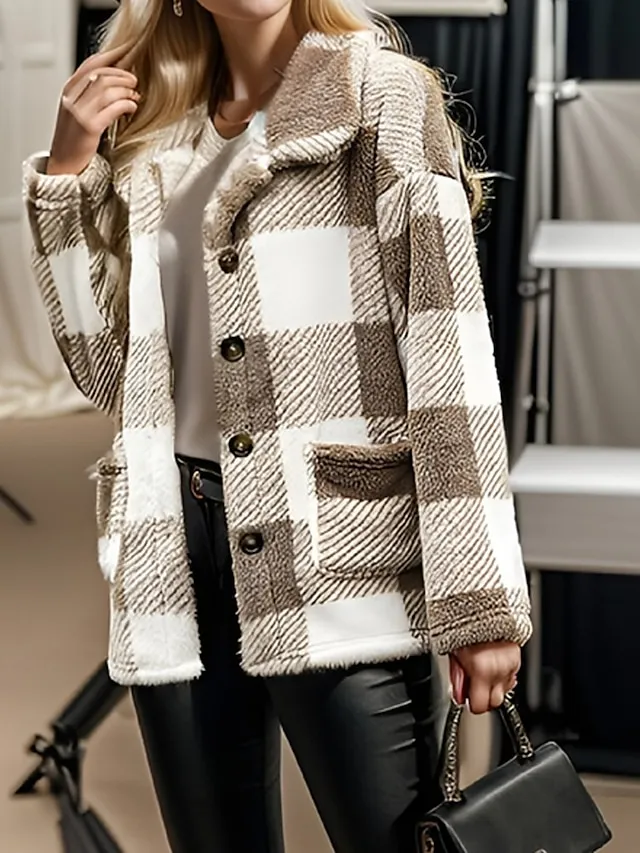 Women's Fleece Jacket Warm Sherpa Jacket with Pocket Plaid Teddy Coat Turndown Plush Casual Street Outerwear Long Sleeve Fall Winter Black