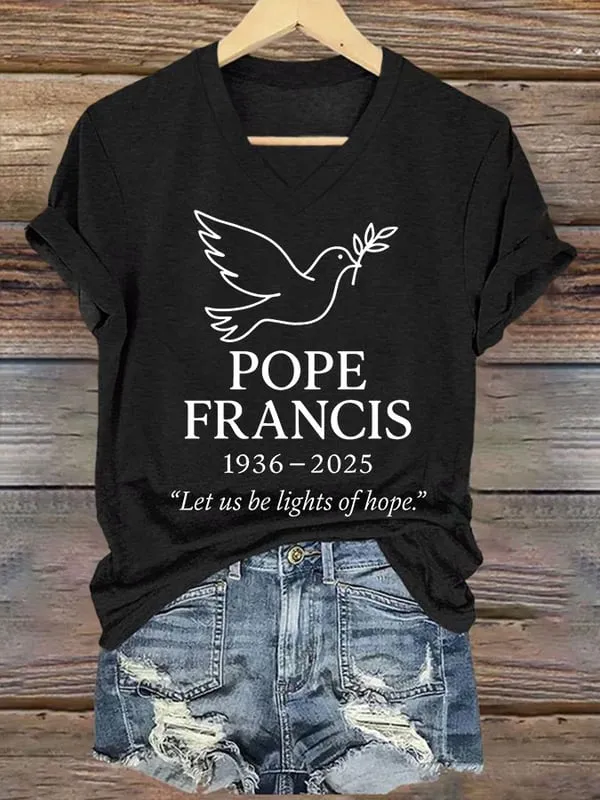 Women's 1936-2025 Let Us Be Lights Of Hope Print Short Sleeve V-Neck Cotton T-Shirt