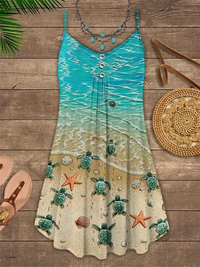 Vacation Sea Turtle Beach Print Spaghetti Strap Dress Swimsuit Coverup