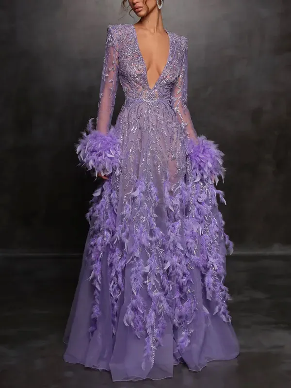 sexy v-neck temperament feather delicate ladies dress