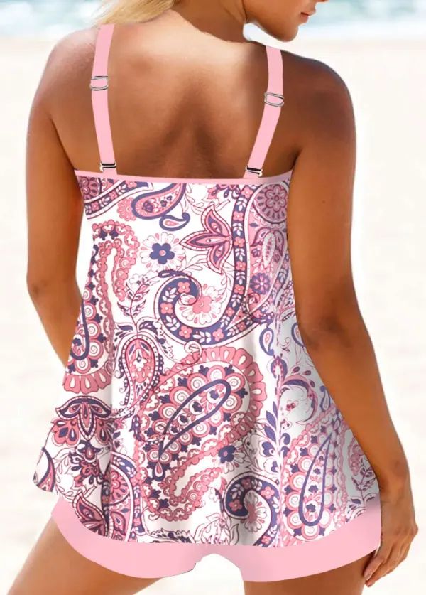 Paisley Print Pink Double Straps Tankini Set