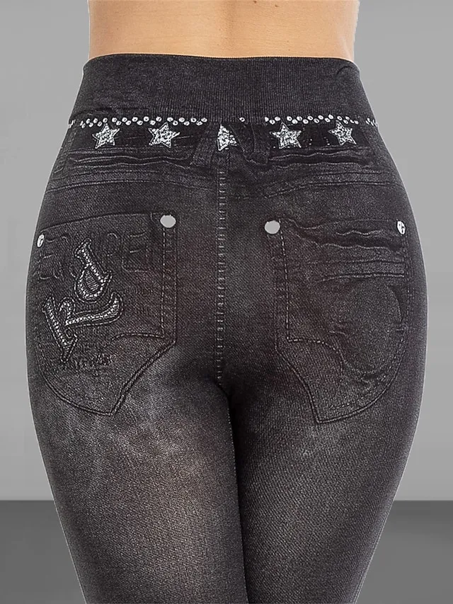 Women's Slim Pants Trousers Leggings Full Length Faux Denim Pocket High Cut High Elasticity High Waist Fashion Streetwear Street Causal Black Blue S M Summer Fall