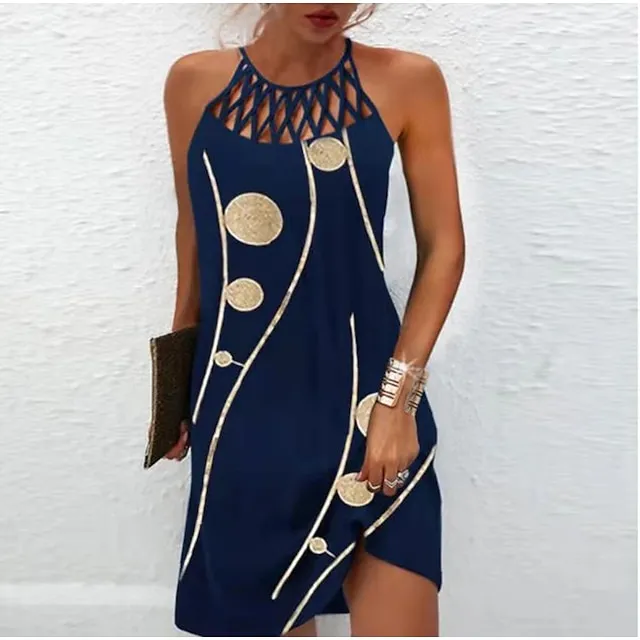 Women's Casual Dress Halter Neck Dress Midi Dress Leopard Black Wine Sleeveless Geometric Cut Out Summer Spring Halter Fashion Vacation 2023 S M L XL XXL 3XL
