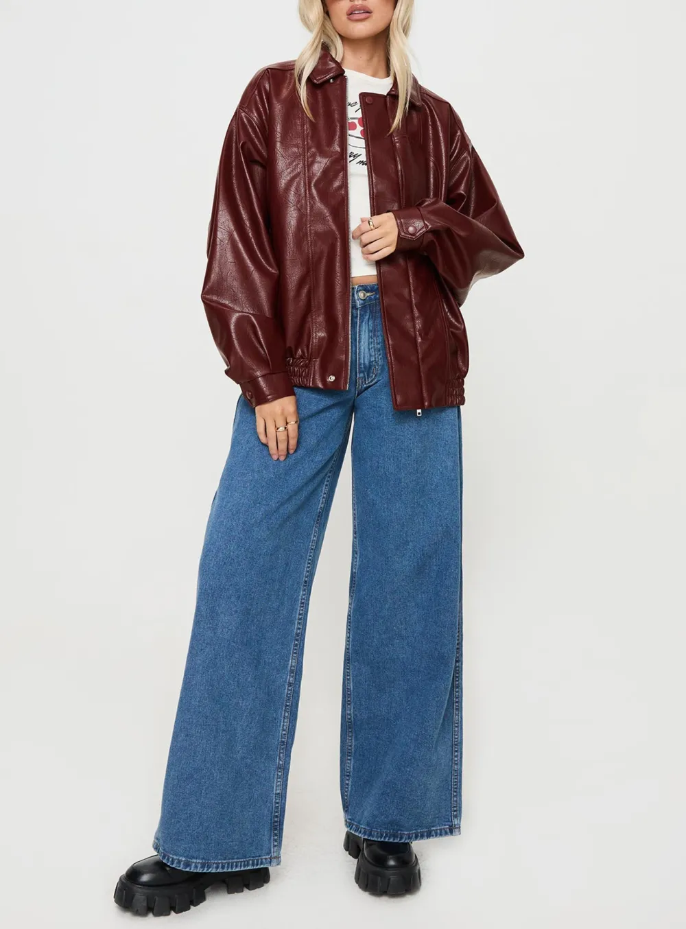 Satin Trim Faux Leather Jacket