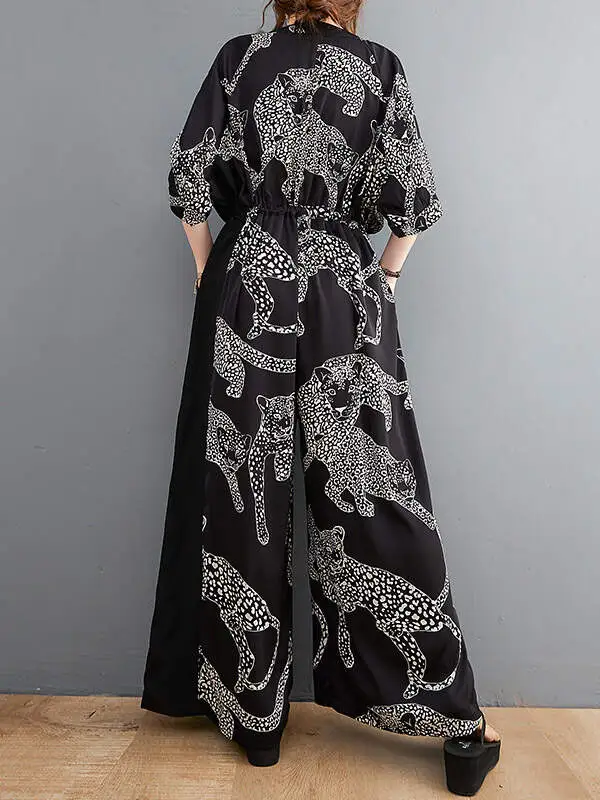 Vintage Original Floral Leopard Printed Split-Joint Tied V-Neck Half Sleeves Wide Leg Jumpsuits