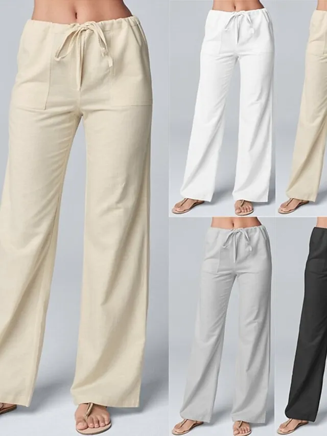 Women's Wide Leg Linen Pants Pants Trousers Full Length Cotton Faux Linen Side Pockets Wide Leg Fashion Casual Daily White Khaki S M