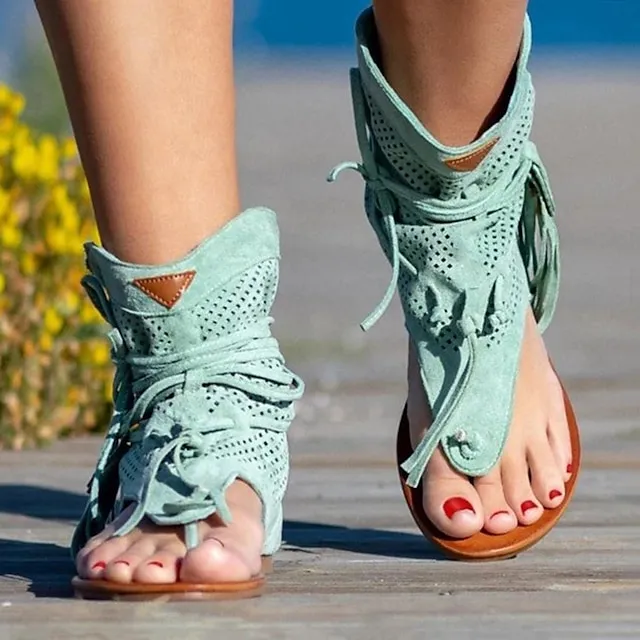 Women's Sandals Flat Sandals Gladiator Sandals Roman Sandals Outdoor Daily Beach Summer Lace-up Flat Heel Open Toe Vintage Casual Canvas Synthetics Loafer Solid Color Solid Colored Black Yellow Brown