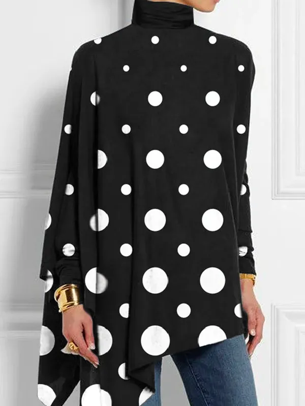Casual Long Sleeves Loose Asymmetric Polka Dot High-Neck T-Shirts Tops