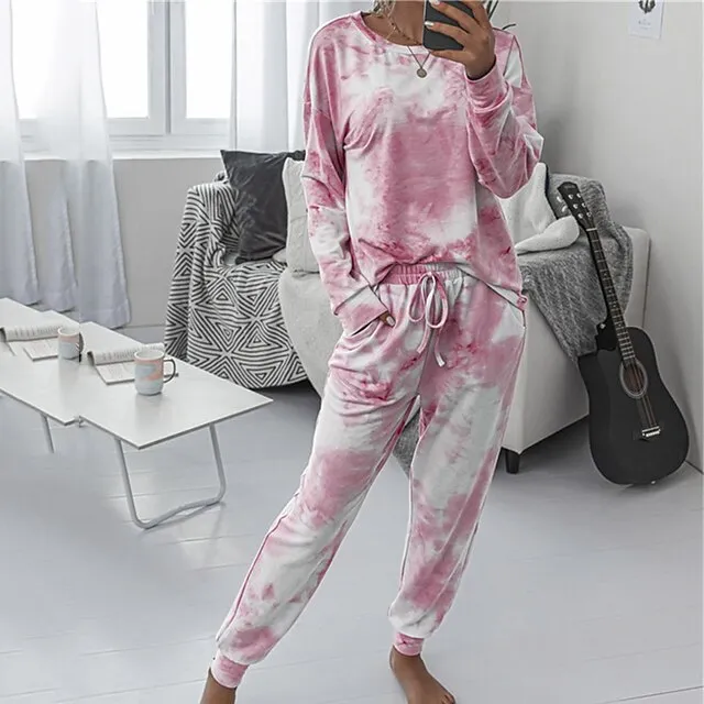 Women's Loungewear Sets Tracksuits 2 Pieces Tie Dye Sport Simple Casual Home Street Airport Polyester Crew Neck Long Sleeve Pullover Pant Elastic Waist Winter Fall Green Blue